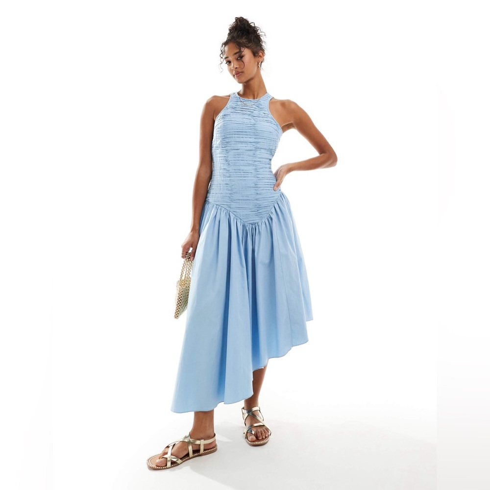 **SOLD** ASOS DESIGN ruched micro pleat bodice midi dress with open back in blue - Picture 2 of 8